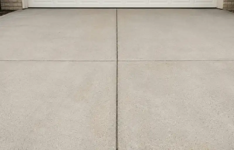 Broom-finished concrete driveway with saw-cut control joints in front of a white garage door